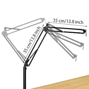 Adjustable arm lamp schematic showing two 35cm/13.8 inch arms that can rotate. The diagram demonstrates the lamp's range of motion and flexibility.
