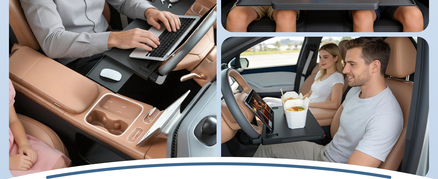 Steering Wheel Table easily under seats, into back-pocket organizers or seat gaps