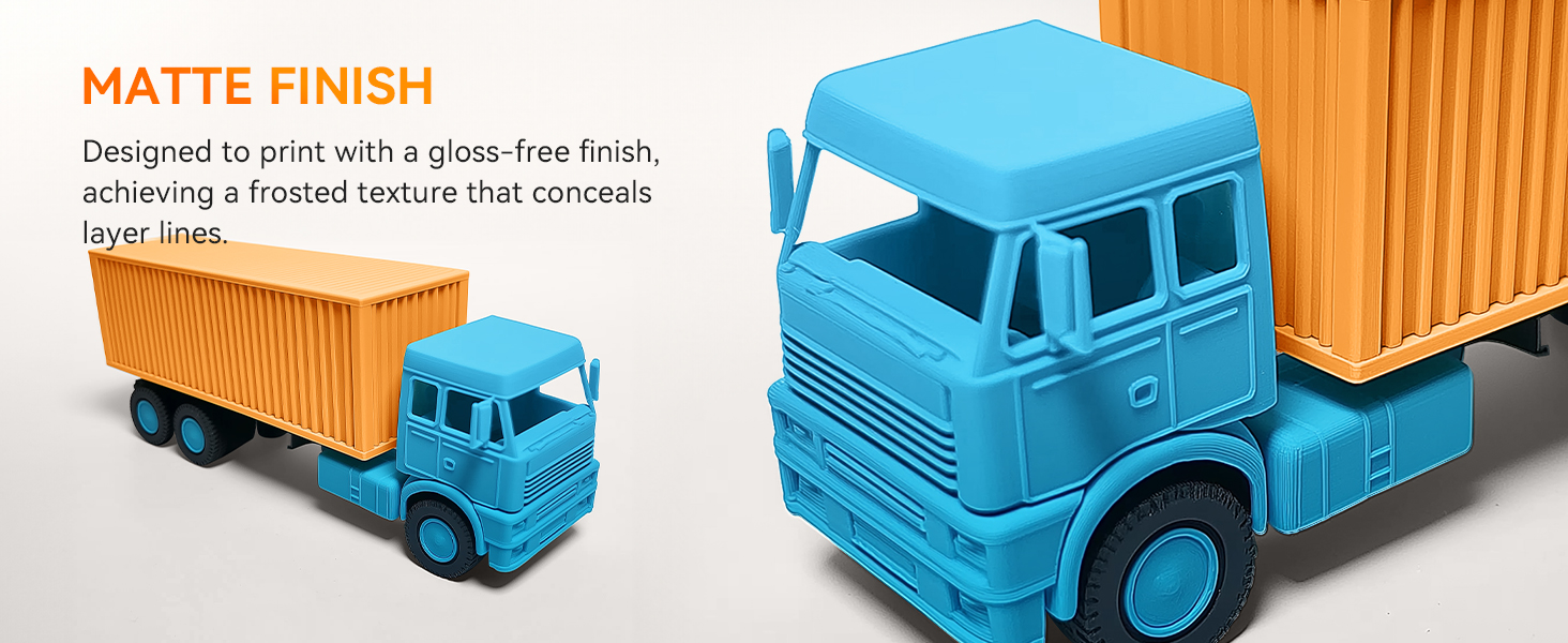 Two blue toy trucks with orange shipping containers. Close-up view shows matte finish texture. Text describes 'Matte Finish' designed to conceal layer lines.