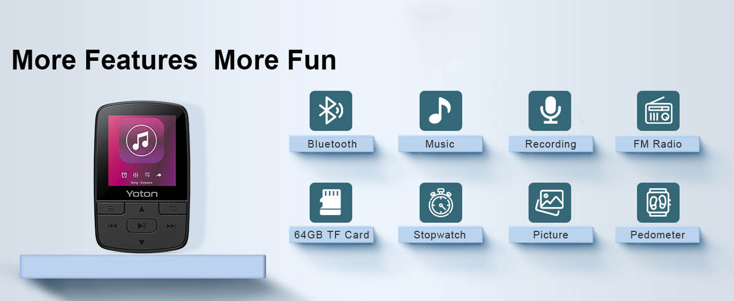 Compact MP3 player with screen displaying music interface. Icons show features: Bluetooth, Music, Recording, FM Radio, Micro SD, Stopwatch, E-book, Pedometer.