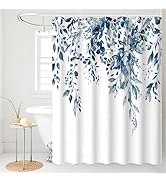 Baires Bath Shower Curtain Blue Eucalyptus, Watercolor Leaves with Floral, Waterproof Bathroom Sh...