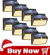 Set of eight solar-powered outdoor lights with wide-angle illumination panels, shown in product listing with 'Buy Now' shopping cart icon.