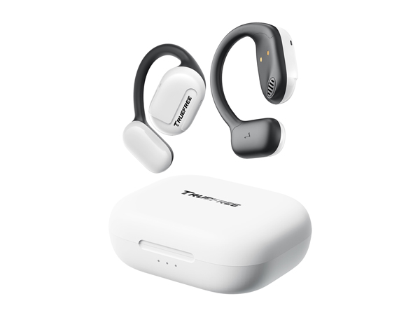 White wireless earbuds with ear hooks and a matching charging case. Earbuds are displayed separately from the open case.