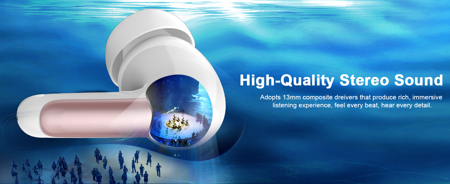 White wireless earbud against blue underwater background with text highlighting high-quality stereo sound features.