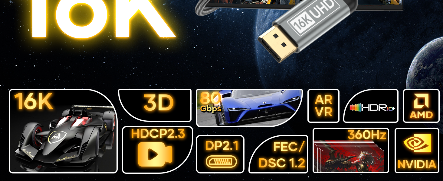 Graphics card feature icons: 16K, 3D, 8K 60fps, AR/VR, HDR, AMD, HDCP 2.3, DP2.1, DSC 1.2, 360Hz, NVIDIA. USB drive and partial text visible.