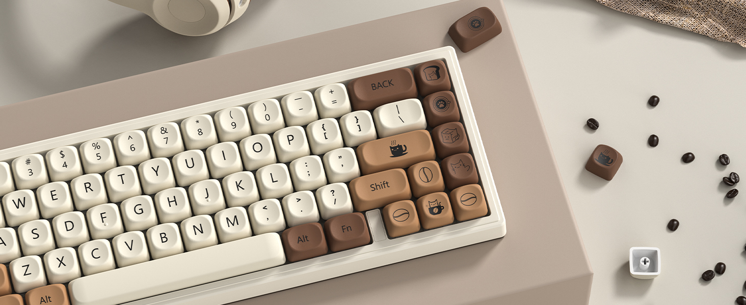 Cute Brown PBT Keycap Set,Coffee cat MOA Profile Keycaps 60 75 100 Percent,Dye-Sub