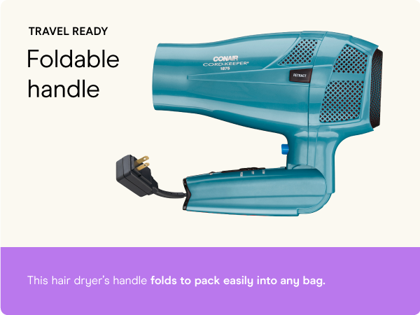 Conair small, mini, and compact hair dryer for travel. Handle folds for easy storage.