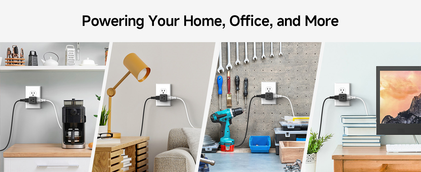 Multi plug wall outlet splitter with 3 prong plug extender for added convenience in tight spaces