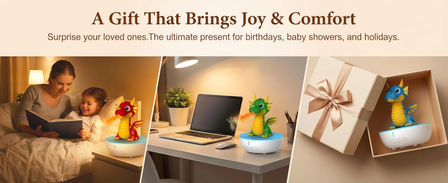 Text reads: 'A Gift That Brings Joy &amp; Comfort' and 'Surprise a loved one—The ultimate present for any age, baby showers, and holidays.' Four lifestyle photos showing gift items in bedroom, office, and wrapped gift boxes.