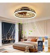 19.5 Low Profile Ceiling Fans with Lights, Black Iron Cage with Rattan Accents, 6-Speed Bladeless...