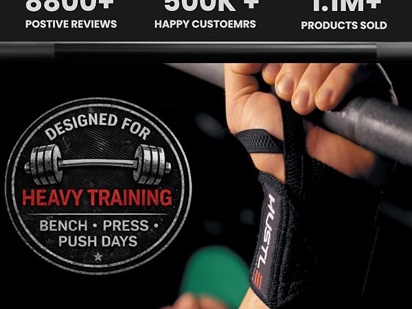 Lifter bench pressing with wrist wraps for stable wrist positioning during heavy push movements