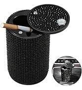 Car Ashtray with Lid Smell Proof, Aluminum Crystal Diamond Cigarette Smokeless Automotive Ashtray...