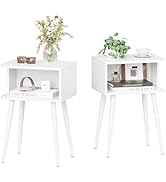 White Nightstand Set of 2, Small Bed Side Table for Small Spaces, Mid Century Modern Nightstand E...