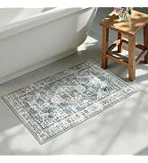 Uphome Boho Bathroom Rugs, Distressed Farmhouse Blue Bath Mat, Comfy Velvet Small Bath Rugs Non S...