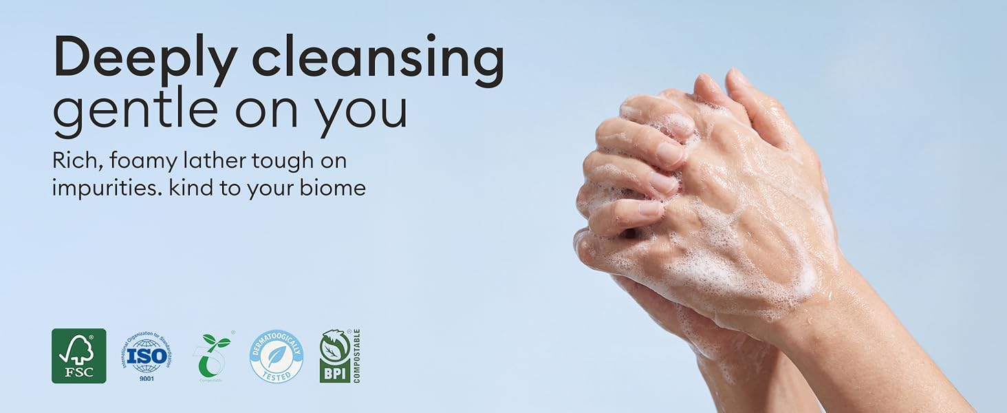 Text reads 'Deeply cleansing gentle on you'. Marketing banner showing product benefits with icons for cleaning and gentleness features.