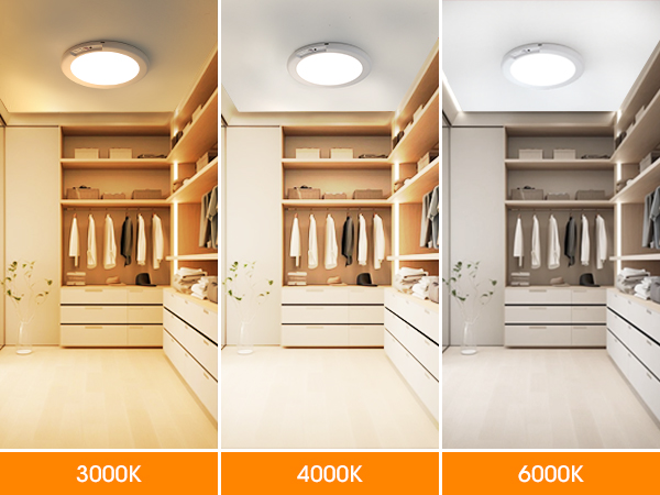 Walk-in closet with adjustable lighting. Three images show same space under different color temperatures: 3000K (warm), 4000K (neutral), and 6000K (cool).