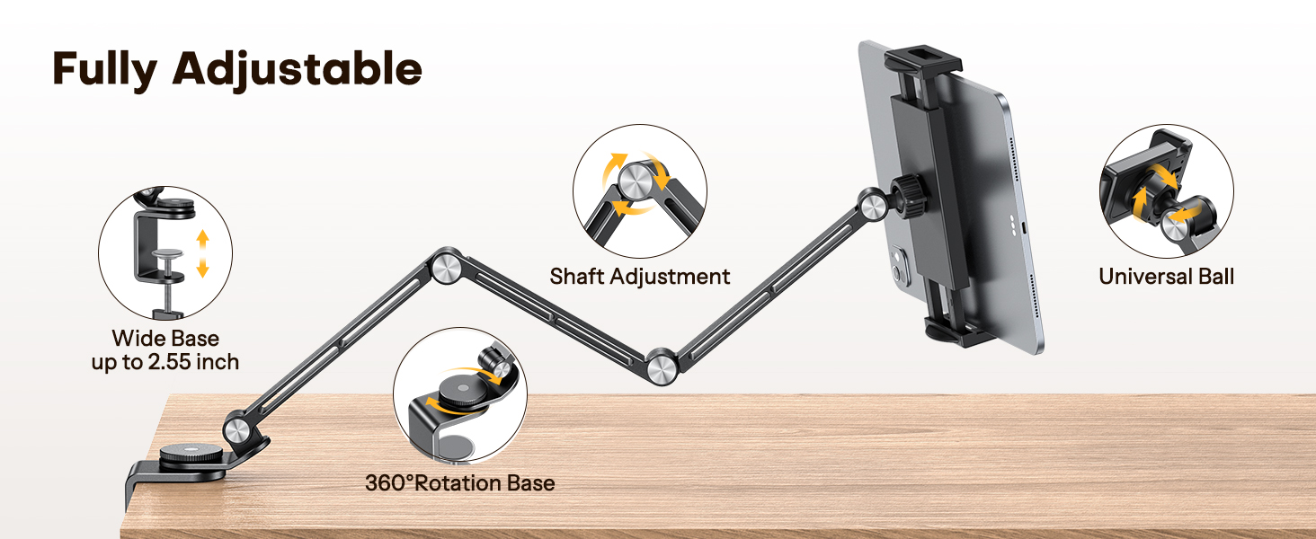 Text reads 'Fully Adjustable'. Technical diagram showing mounting system with 360-degree rotation base and multiple adjustment points for universal fit.