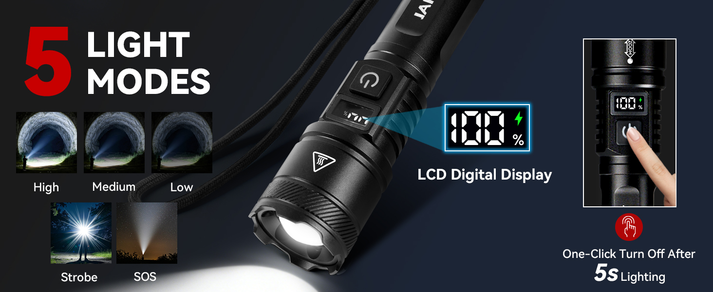 5 modes high medium low strobe sos