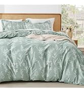 MUXHOMO Duvet Cover Queen Size, Reversible Floral Green Duvet Cover Set with Zipper Closure, 3 Pi...