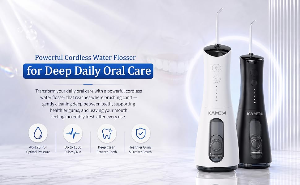 KAMEX cordless water flosser showing white and black flossers for daily oral care