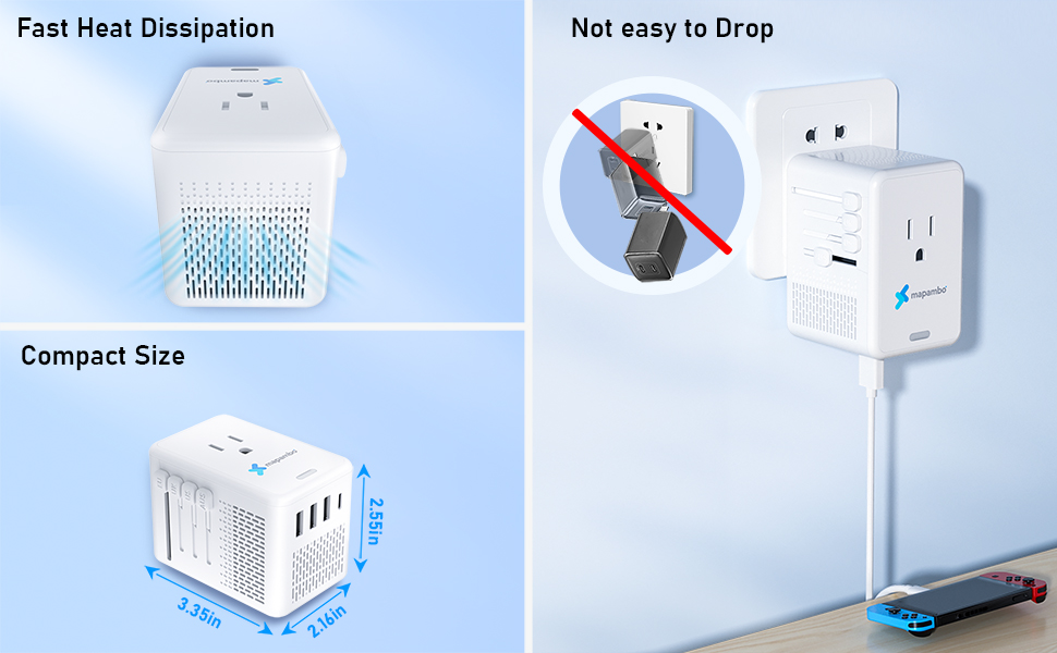 european travel plug adapter, international power adapter, voltage converter 220 to 110