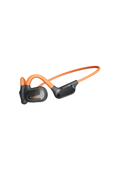 Wireless behind-the-neck headphones in black and orange, featuring a minimalist design with connected earpieces.