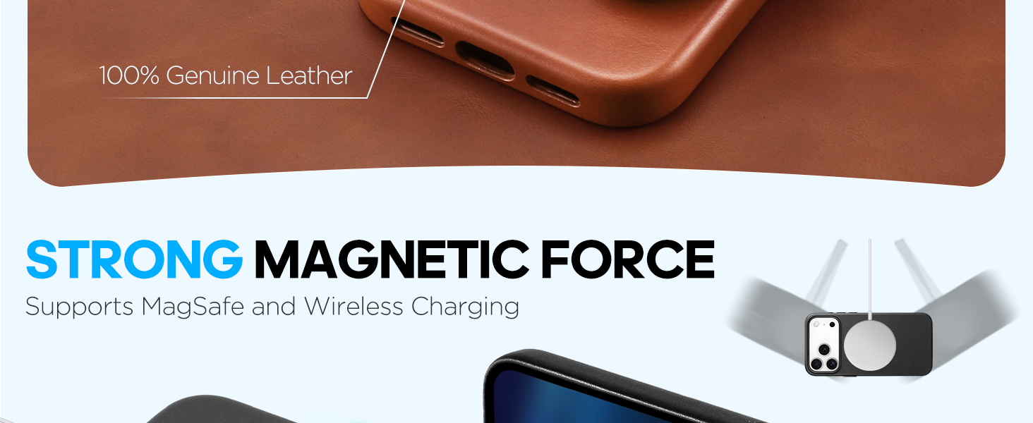 Text reads 'STRONG MAGNETIC FORCE'. Product demonstration showcasing magnetic component's strength and attachment capabilities.