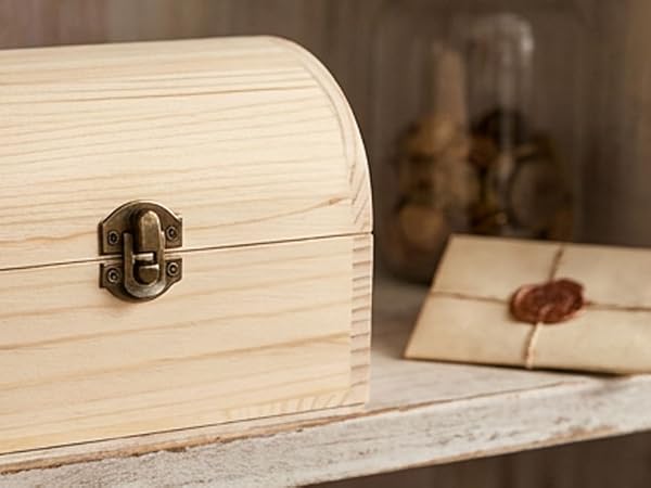 Wooden Treasure Chest Box with Hinged Lid &amp;amp; Vintage Clasp