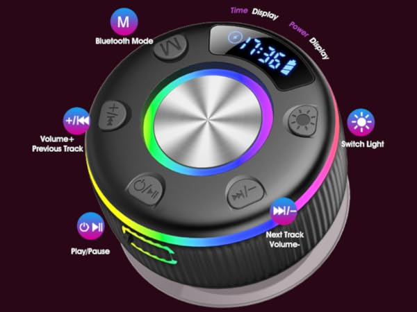 Circular digital control interface with illuminated ring and multiple labeled functions including 'Bluetooth Mode', 'Volume', 'M', 'WiFi', 'Prev/Pause', 'Next Track', and 'Romantic Light'.