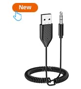 Coiled USB to 3.5mm audio cable with 'New' label, featuring a USB-A connector and a black spiral cord.