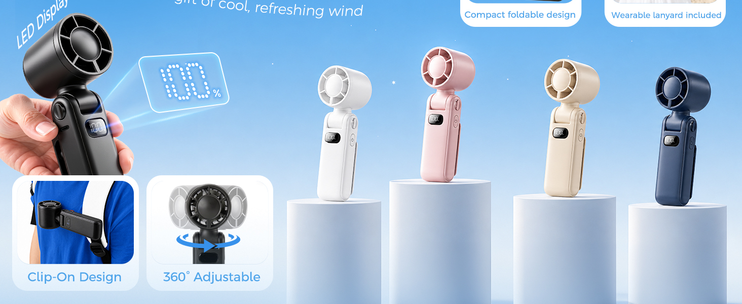 Rechargeable portable fan with 3600mAh battery, LED display and up to 12H runtime.