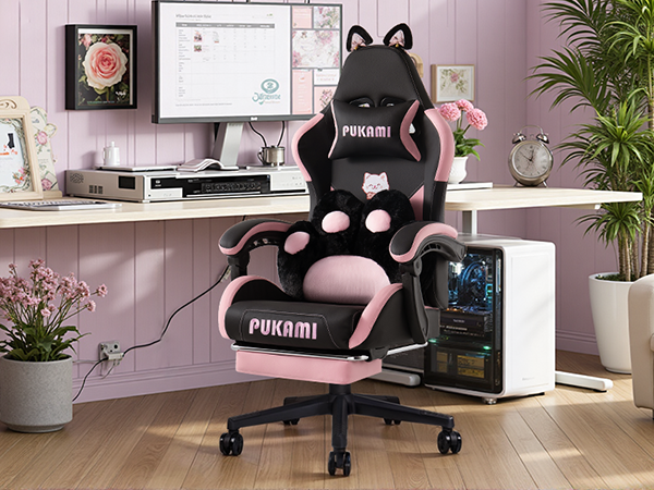 Gaming Chair with Cat Ears and Cat Paw Lumbar Cushion, Cute Ergonomic Gaming Computer Desk Chair