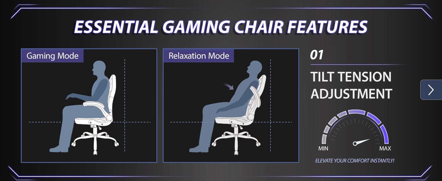 Tilt adjustment chair for gaming and relaxation modes