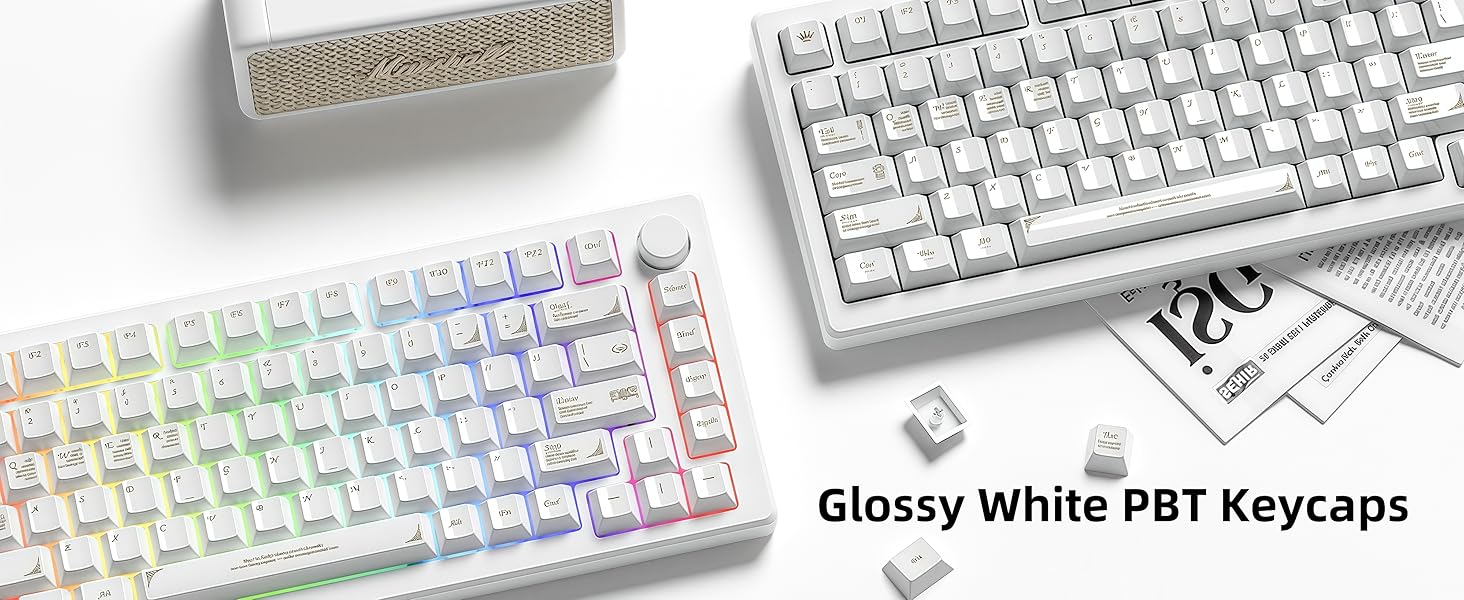 Glossy White PBT Keycaps Baroque Style 115 Keys Cherry Profile Custom Keycap Set Ceramic Texture