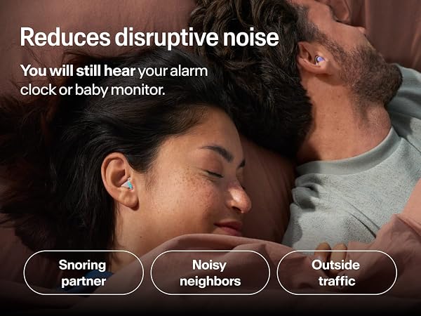 Couple sleeping with SleepDeep earplugs, reducing snoring, noisy neighbors, and outside traffic
