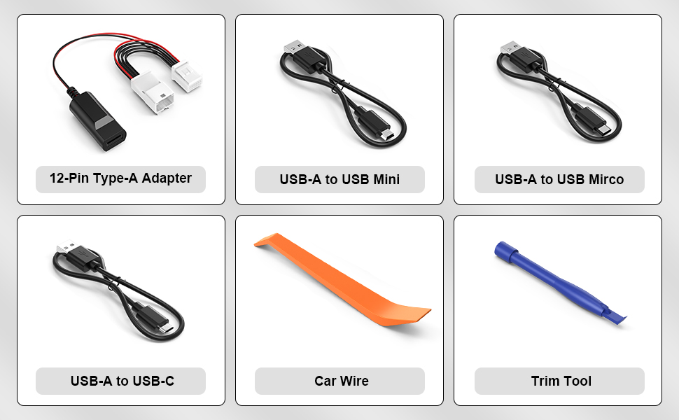 Includes 12-Pin type A Adapter, three usb cable, car wire and trim tool
