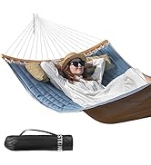 Double Hammock, 11 FT Quilted Fabric 2 Person Hammock for Outside with Pillow, Folding Curved Spr...