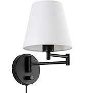 VONLUCE Modern Swing Arm Wall Mount Light Plug in, Corded Wall Lamps with White Fabric Shade, Bla...
