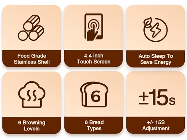 Toaster features: 4.4inch touchscreen, stainless shell, 6 bread types, browning levels, auto sleep.