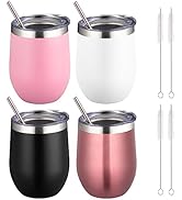 FristChoice 12 oz Insulated Wine Tumbler with Lid and Straw,Stainless Steel Stemless Wine Tumbler...
