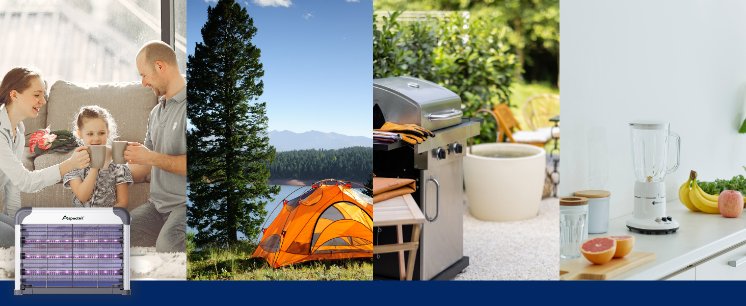 Aspectek bug zapper for indoor, camping, patio, and kitchen use shown in lifestyle settings