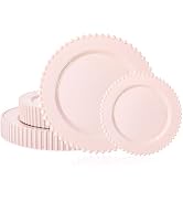 U-QE 60PCS Pink Plastic Plates - Heavy Duty Beaded Pink Disposable Plates for Party, Baby Shower,...