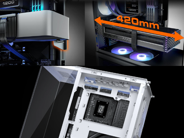 Fits up to 420mm GPUs in a compact footprint and supports reverse-connector motherboards.