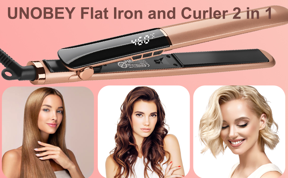 Text reads 'UNOBEY Flat Iron and Curler 2 in 1' and '360°'. Black and rose gold dual-function hair styling tool with digital display, shown creating three different hairstyles: straight, wavy, and curled hair on female models.