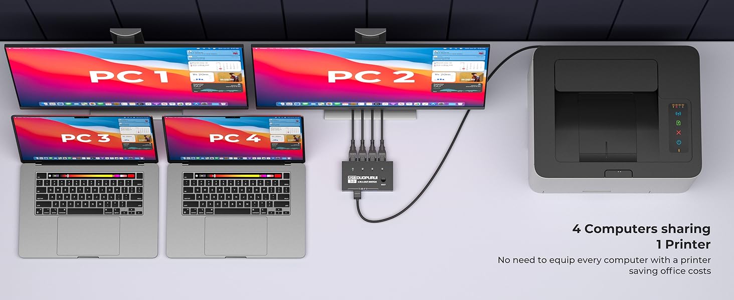 A USB 3.0 hub allows four computers to share one printer
