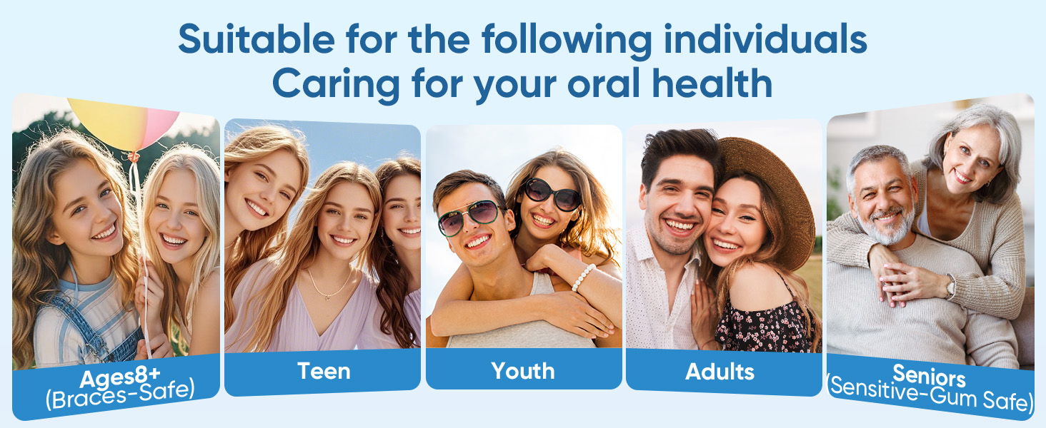 Text reads 'Suitable for the following individuals' and 'Caring for your oral health'. Marketing panel showing different age groups from youth to seniors.