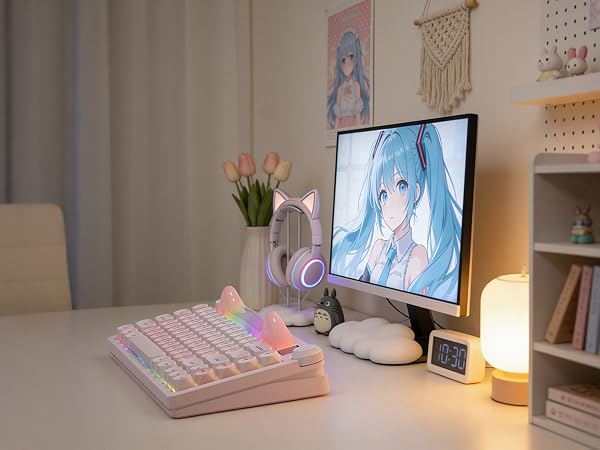 75% Wireless Mechanical Keyboard with Screen and Knob, Pink Cat Creamy Bluetooth Gaming Keyboard