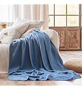 ISAENNE Blue Thin Waffle Weave 100% Cotton Throw Blanket,Solid Color Breathable Soft Cooling Blan...