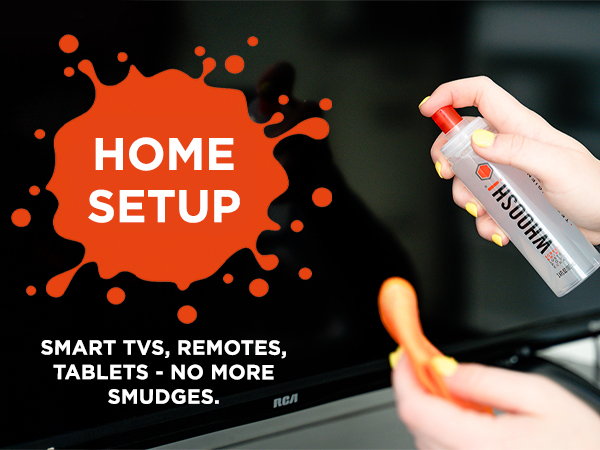 Text reads 'HOME' and 'SETUP' with text overlay 'SMART TVs, REMOTES, TABLETS AND MORE SURFACES'. Shows electronic devices and control interfaces.