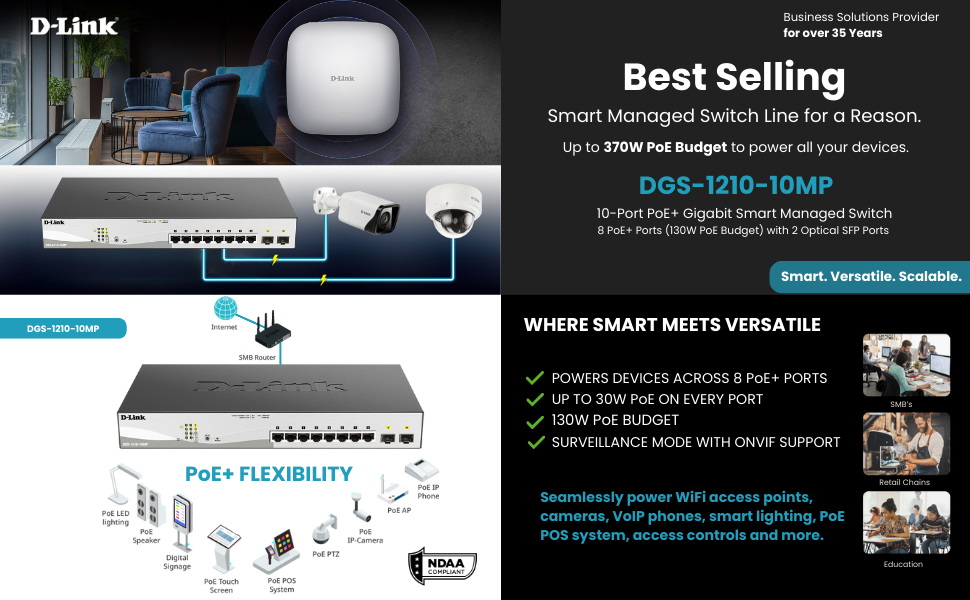 10 Port Gigabit Smart Managed Rackmount Switch SFP Combo PoE+